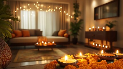 A photographic view of a Diwali living room, decorated with hanging fairy lights, marigold garlands, traditional oil lamps on shelves, and festive cushions.