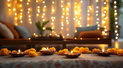 A photographic view of a Diwali living room, decorated with hanging fairy lights, marigold garlands, traditional oil lamps on shelves, and festive cushions.