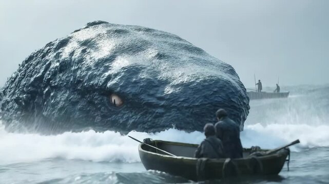 Fishermen encounter a colossal creature in mysterious waters on a foggy day