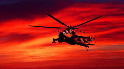 Fototapeta premium Helicopter gunship silhouetted against red sky, cinematic war painting realism.
