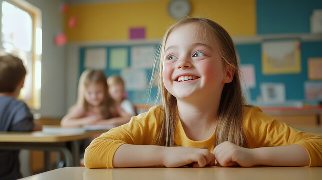 Cheerful Young blonde girl with Down syndrome smiles joyfully in a bright classroom during a fun learning activity with classmates. With copy space