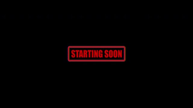 4k stock | Starting soon red letters with glitch effect on black background suitable for live streams, events, countdowns, announcements.