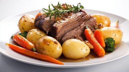 Fototapeta premium Roasted beef pot roast with carrots, potatoes, and fresh rosemary on white plate, traditional comfort food dinner with gravy sauce