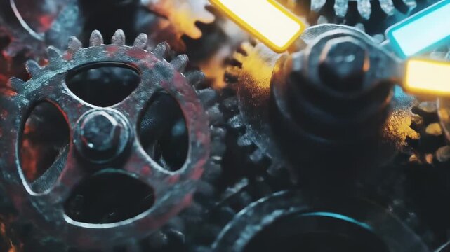 An animated steampunk clock with glowing neon lights. Close-up of a futuristic time machine with complex gears. The concept of time and technology