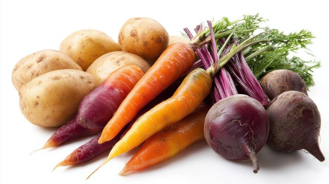Colorful assortment of fresh root vegetables including potatoes, rainbow carrots and red beets with green tops, displaying natural earthy tones and organic produce quality