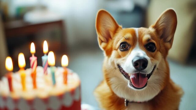 A dog is standing in front of a birthday cake with candles. The dog is smiling and he is happy