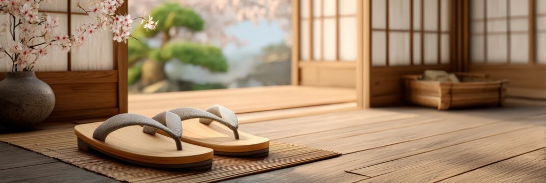 Traditional zori sandals resting on tatami in japanese spring interior