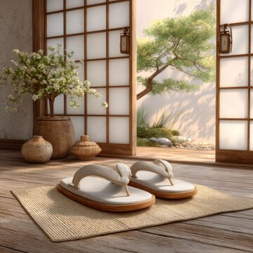 Zori sandals on straw mat viewing serene japanese garden
