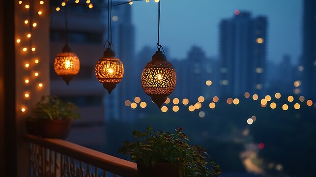 A city balcony at night decorated for Diwali, hanging diyas flickering with warm flames, string lights outlining the railing, traditional Indian lanterns casting soft shadows.