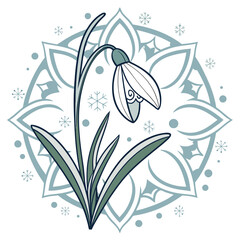 Snowdrop flower in snowflake frame, spring floral art