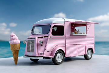Pink Ice Cream Truck with Cone by Ocean