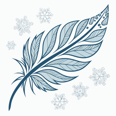 Delicate feather with snowflakes for winter designs