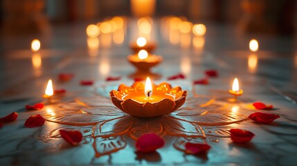 A close-up photo of a Diwali rangoli on a marble floor, surrounded by glowing diyas and rose petals. The background features a warmly lit Indian hallway with intricate patterns on the walls.