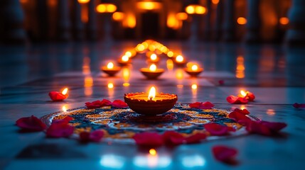 A close-up photo of a Diwali rangoli on a marble floor, surrounded by glowing diyas and rose petals. The background features a warmly lit Indian hallway with intricate patterns on the walls.