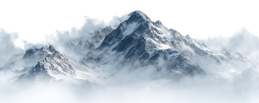 Snowy Mountain Range with Peaks Covered in Ice and Mist in Clear Sky