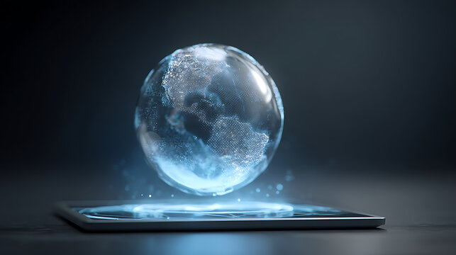 Global technology innovation digital world connection futuristic earth hologram on device