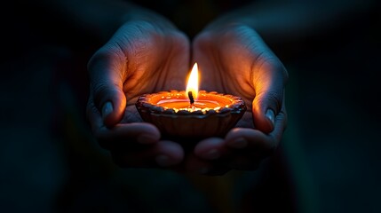 A close-up shot of an adult's cupped hands holding a lit clay diya in complete darkness, warm flame casting gentle light on skin textures, fingers outlined by the glow, no background visible.