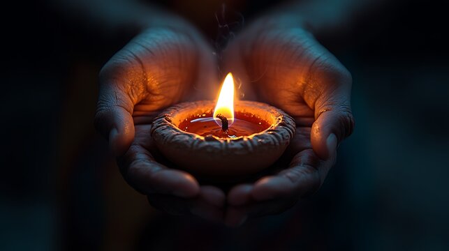 A close-up shot of an adult's cupped hands holding a lit clay diya in complete darkness, warm flame casting gentle light on skin textures, fingers outlined by the glow, no background visible.