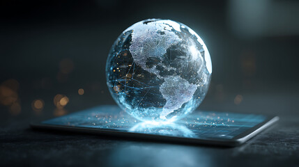 Global digital network technology concept world globe on tablet for business and innovation ideas