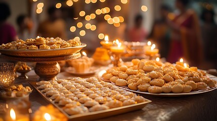 A cozy Diwali scene of a dining table filled with sweets, mithai boxes open, sweets spilling onto silk cloth, candlelight bouncing off the shiny wrappers and golden trays.