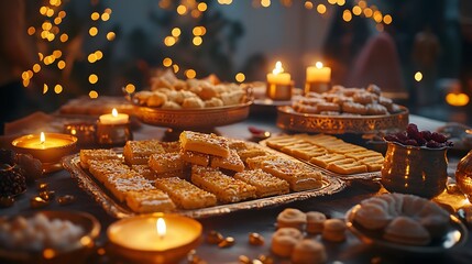A cozy Diwali scene of a dining table filled with sweets, mithai boxes open, sweets spilling onto silk cloth, candlelight bouncing off the shiny wrappers and golden trays.
