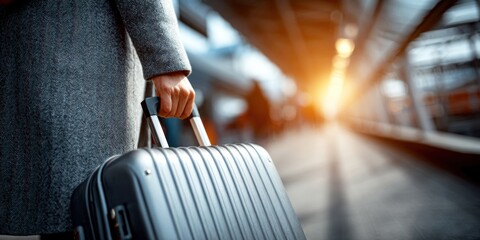 A traveler holds the handle of a suitcase against the backdrop of the airport in the warm morning light