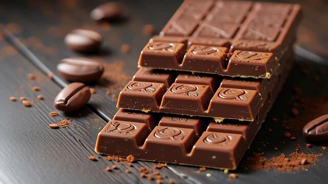 Chocolate bars stacked in appetizing pile, rich dark chocolate pieces with intricate embossed patterns and broken edges on rustic wooden surface. Concept of chocolate confectionery, gourmet desserts