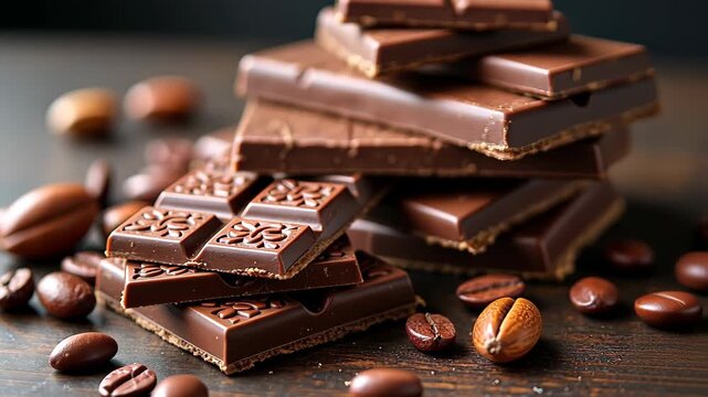Chocolate bars stacked in appetizing pile, rich dark chocolate pieces with intricate embossed patterns and broken edges on rustic wooden surface. Concept of chocolate confectionery, gourmet desserts