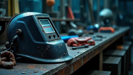 Welding helmet resting on a dusty metal workbench inside a dim workshop with welding rods and gloves scattered around. Concept of metalworking engineering industrial safety  - Powered by Adobe