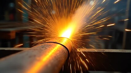 Bright welding sparks erupt from a metal rod as a torch cuts through steel on a workshop table, surrounded by scattered glowing particles. Concept of metalworking engineering, industrial safety  - Powered by Adobe