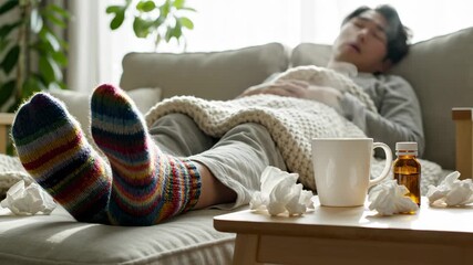 Ill person suffering from influenza symptoms resting on the sofa at home, covered with a warm blanket next to a table with medicine, used tissues, and a steaming mug of hot tea - Powered by Adobe