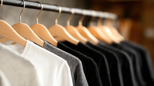 Close-up view of clothing hanging on wooden hangers