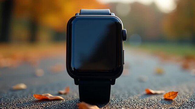 Smartwatch displaying fitness data, modern black wearable device on blue strap showing heart rate calories steps and distance metrics on digital screen. concept of fitness tracking, health monitoring - Powered by Adobe