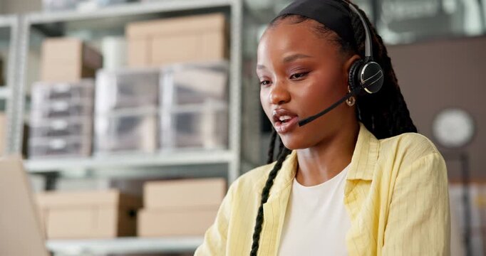 Video call, laptop and ecommerce with black woman and headset for courier order, delivery confirmation and crm. Supplier checklist, virtual chat and distribution logistics with person in factory