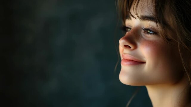 Young female with joyful expression looking upwards.