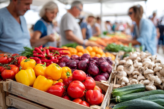 Vibrant fresh peppers onions and mushrooms in wooden crates at a busy farmers market with blurred people shopping in the background