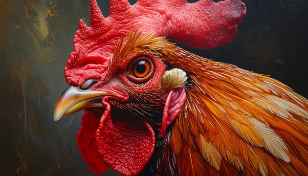A close-up portrait showcases a detailed depiction of a rooster's head, highlighting its vibrant plumage, comb, and eye