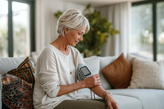 Middle-aged woman using a digital blood pressure monitor on her arm while sitting on a comfortable sofa in a bright modern living room, representing home health care and wellness