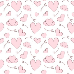 Gentle seamless vector pattern of scattered soft pink hearts and light brown Cupid's arrows, ideal for delicate baby textile design or playful romantic Valentine's digital paper. 