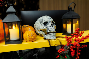 skeleton head and candles halloween decorations