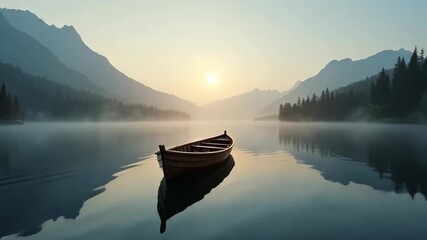 Wooden boat drifting on calm lake, small wooden rowboat gently floating in turquoise water surrounded by lush green trees and misty forested hills with distant hazy mountains - Powered by Adobe