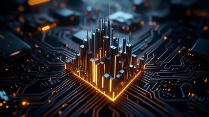 A glowing, futuristic cityscape of abstract geometric shapes emerges from a complex, illuminated circuit board, symbolizing advanced technology and digital innovation. - Powered by Adobe