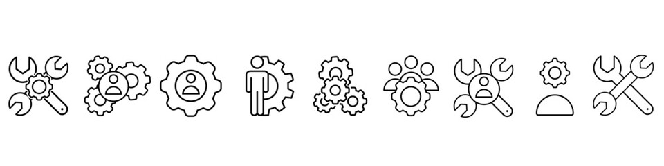 Adobe Illustrator AWorkshop icon vector set. Developer illustration sign collection. Engineering symbol. Teamwork web icons. Containing repair, service center, team building, coaching, meeting and mor
