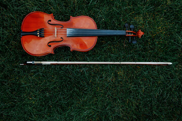 The violin lies on the grass.