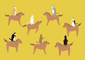 午年の年賀状馬を乗りこなす7匹の猫