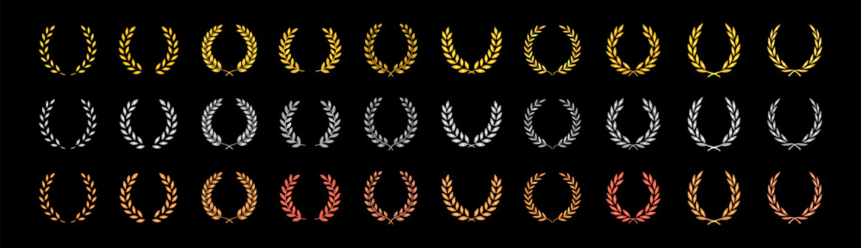 Gold silver bronze laurel wreath award set on black background