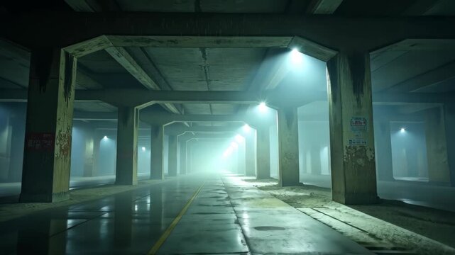 Empty underground tunnel, dimly lit concrete underpass with pillars and fading lights stretching into foggy distance on wet reflective floor, concept of urban exploration, thriller movies