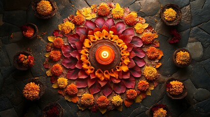 Top-down view of an intricate circular rangoli made of rose, marigold, and chrysanthemum petals, center lit with oil lamps, surrounded by flower baskets.