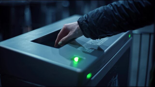 Hand scanning a modern access device with green indicator lights