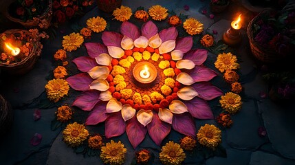 Top-down view of an intricate circular rangoli made of rose, marigold, and chrysanthemum petals, center lit with oil lamps, surrounded by flower baskets.